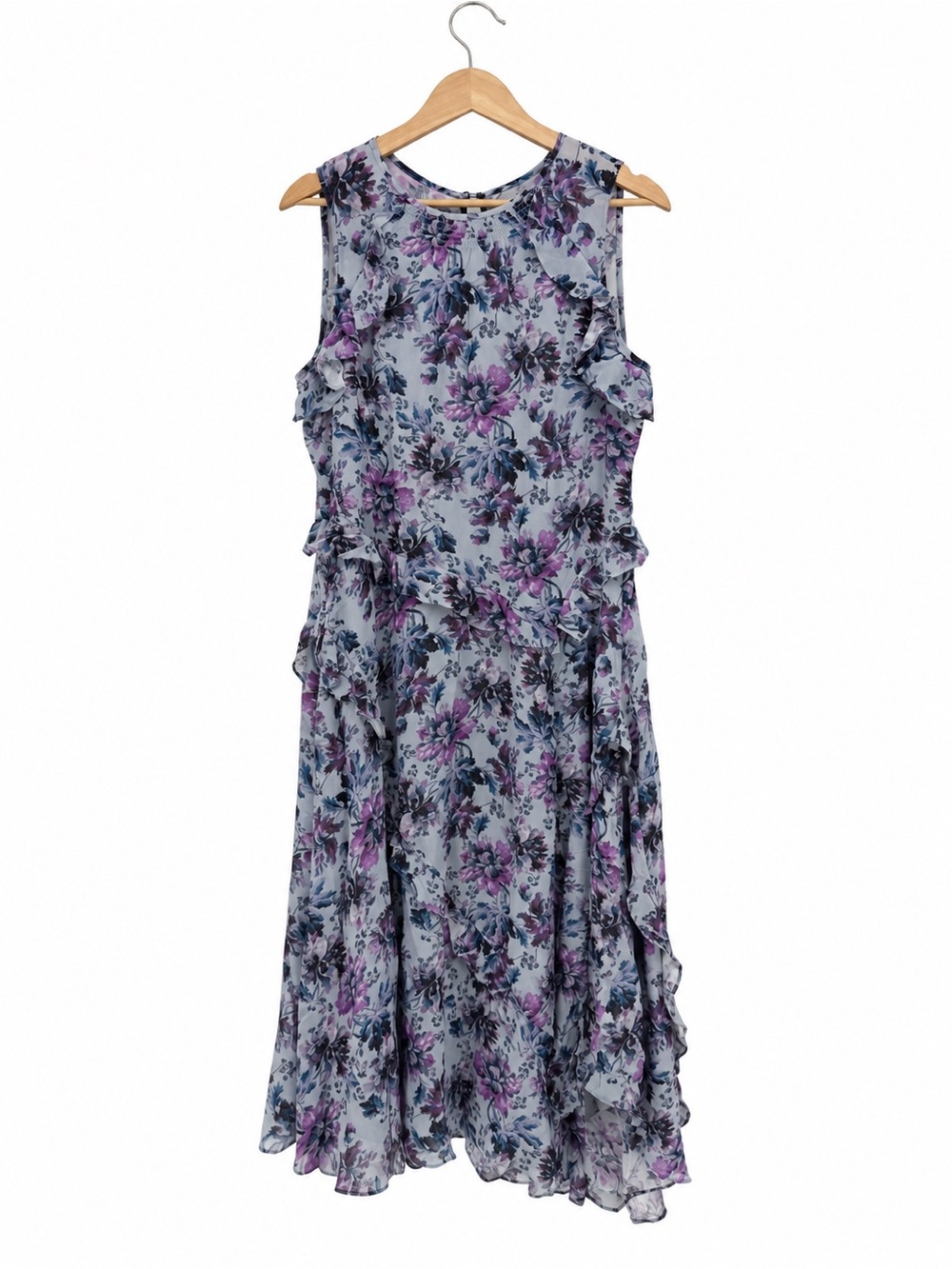 Sundance Floral Ruffle Midi Dress Large Blue Purple Sleeveless Romantic Boho